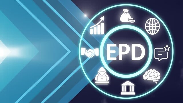 EPD acronym, environmental product declaration concept, documents that communicate the environmental performance of a product throughout its life cycle. Business concept background.