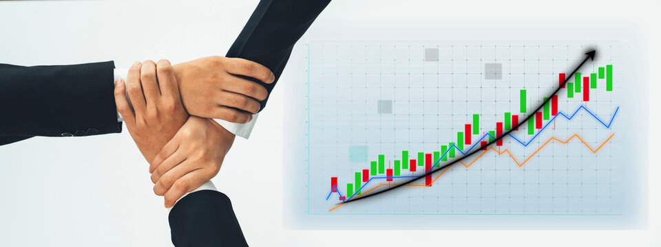 Business professionals show teamwork and collaboration by linking hands, emphasizing unity while highlighting a growing financial investment trend in a graph. Axiom