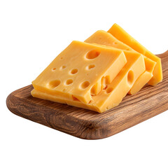 Swiss cheese on wooden board on white background