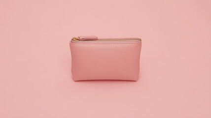 A small soft pink leather coin purse with a zipper closure sits isolated on a pastel pink background