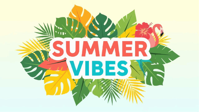 Illustration of summer vibes text with tropical leaves and a flamingo against a gradient background - Powered by Adobe