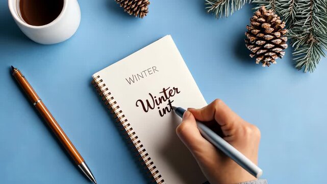 Person writes December and Winter in clear handwriting on a notepad near a cup of coffee and pinecones in a cozy setting