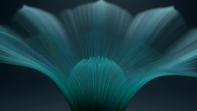 Glowing teal flower breathing with delicate filaments in a seamless 3D animation, visualizing calm mindfulness and organic energy