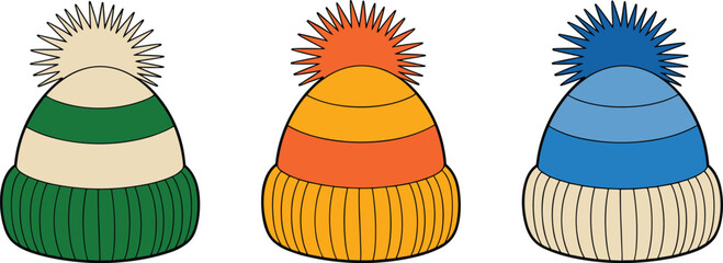 Three striped knitted winter beanies with pom poms in green orange and blue winter hat knitted hat
