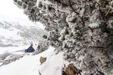 Schronisko Samotnia w Karkonoszach, polskie góry, zimą cała biała ze śniegu chata położona na Dolnym Śląsku, w Karpacz. © krzys ser