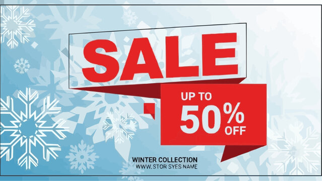 Winter sale promotion with red text and snowflakes background for seasonal discounts and offers event