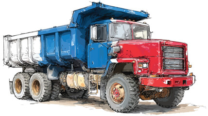 Professional Drawing of Dump Truck with Blue and Red Paint Job