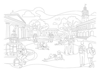 Obraz premium Minimalist Continuous Line Art Illustration of University Campus Life