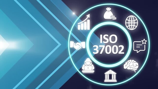 ISO 37002 acronym, aims to provide guidelines for implementing, managing, evaluating, maintaining and improving robust and effective whistleblowing. Showing ISO 37002 icons on virtual screen.