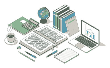 Isometric Homework Assignment Vector Illustration - Modern Geometric Education Concept