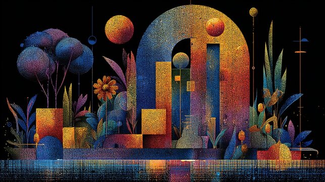 Abstract mosaic landscape with geometric shapes plants and floating spheres on a black background