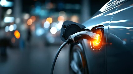 Power supply connect to electric vehicle for charge to battery charging technology industry transport futuristic automobile EV fuel plug in hybrid car sustainable mobility - Powered by Adobe