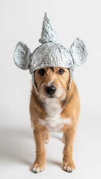 dog wearing a tinfoil hat, paranoid, paranoia, on a white background, animal photo