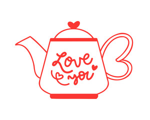 Vector line illustration of kettle with 'love you' text. Romantic elemen clipt art for scrapbook, card, or sticker design. Valentine's day, wedding, love concept isolated on white background. 