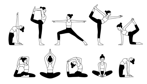 Big set of women practicing yoga, stretching in different poses. Vector line art drawing of female characters in asana. Collection  for web, advert, print, logo, or social media posts. 