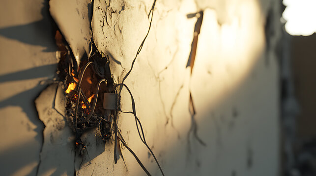A wall with peeling paint and exposed wires is shown, with a fire blazing within the electrical outlet, illuminating the damage and potential danger of a structural fire hazard.