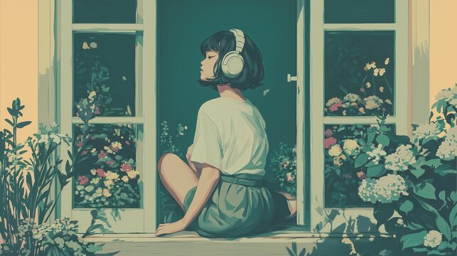 Asian woman with headphones sitting on windowsill lofi illustration. Korean female enjoying music in home garden 2D flat cartoon image in Lo-Fi aesthetic. Chill vibes artwork