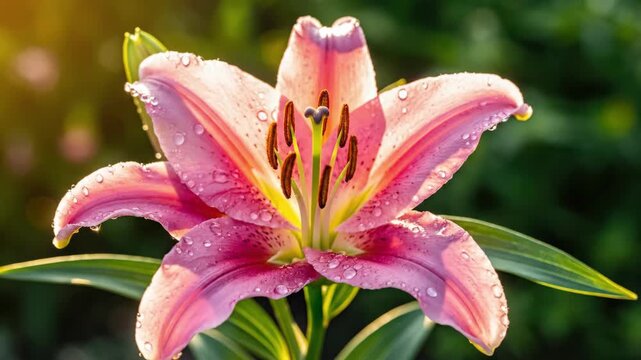 Detailed macro shot captures single pink lily blossom unfolding petal by petal from elongated bud, dewy surface glowing against soft green garden background to create elegant timelapse
