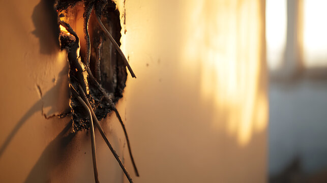 Burnt electrical wires sticking out of a hole in the wall pose a safety hazard. The damaged wiring is a result of an electrical issue, requiring immediate professional repair. - Powered by Adobe