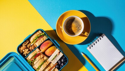Delicious Day at Office: Overhead perspective of a breakfast composition features a vibrant spread. The scene, shot from above, captures a cup of coffee.