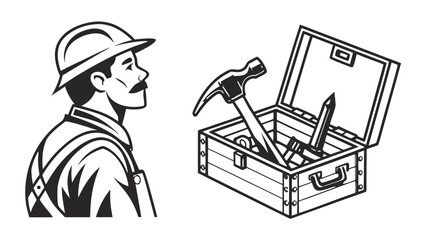 “Carpenter with toolbox, black vector illustration, simple icon style, clean geometric shapes, construction and woodworking theme, transparent background.”