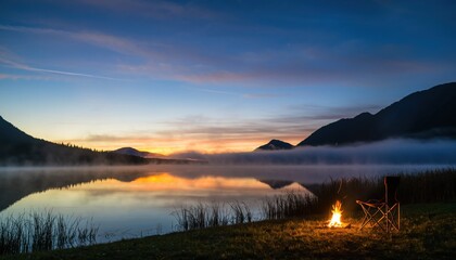 Serene Lake at Dusk: A tranquil lakeside scene at dusk, where the serene lake mirrors the soft hues of the sky and the warm glow of a campfire, embodying peace and natural beauty.