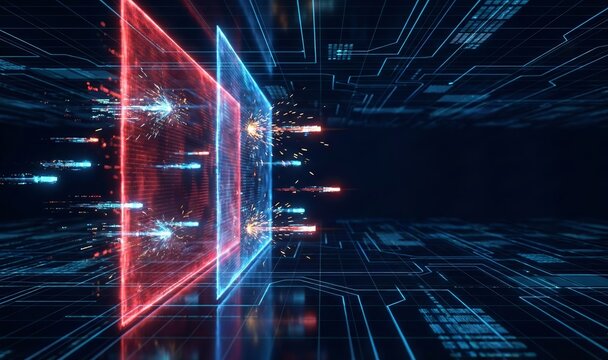 Futuristic data tunnel with digital particles and cyber security concept on dark background