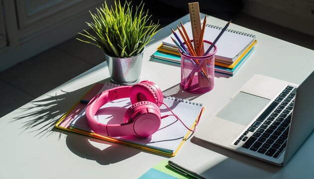 Workspace Essentials: A collection of school and office supplies, with a vibrant green plant and pink headphones, basking in warm light, representing creativity and productivity.