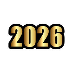 Golden year two thousand twenty six with black outline on a plain white background in square format
