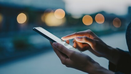 Digital Interaction: Capturing a close-up of hands gracefully navigating a touchscreen device, illuminating a night scene with a blurred bokeh of city lights.