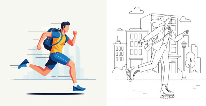 Flat Vector Illustration of Runner and Line Art of Rollerblader in City