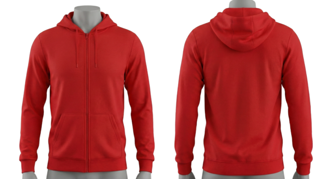 Blank red zip-up hoodie mockup front and back view isolated on gray. Ghost mannequin sweatshirt template for branding and apparel design.