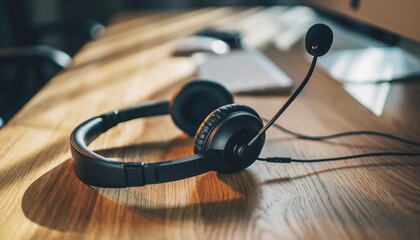 Headset on Desk: Overhead view of a headset resting on a wooden desk, the gentle play of light and shadow adding a sense of focus. 