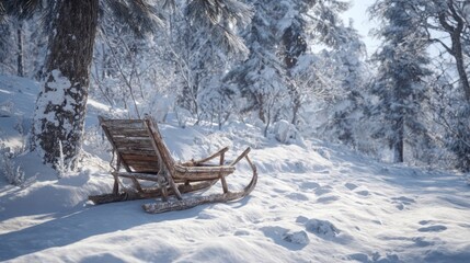 snow-covered wooden sled beside pine trees,