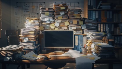 Chaotic Workspace: A cluttered desk overflowing with stacks of paper, files, and documents, symbolizing the challenges of organization and the complexity of modern information management.