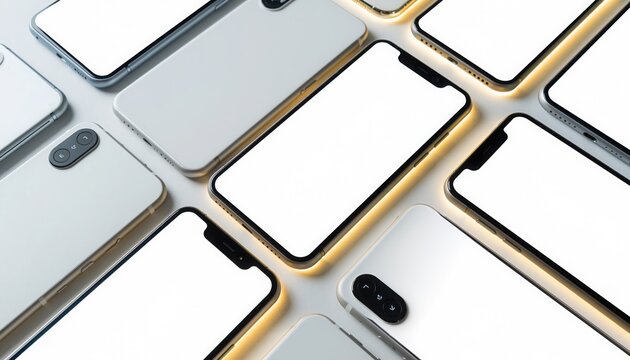 Array of Sleek Devices: A collection of modern cell phones with bright display, arranged in a visually engaging pattern, highlighting their elegant design and cutting-edge technology.