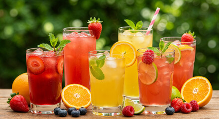 A vibrant array of colorful iced beverages on a rustic wooden table