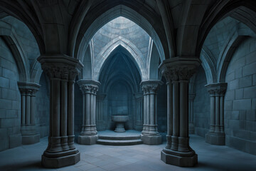 Fototapeta premium Ancient gothic crypt interior with mossy stone walls, sculpted columns, and ambient blue-gray lighting