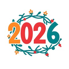 Vector image with the inscription "2026", decorated with a Christmas garland on a white background.