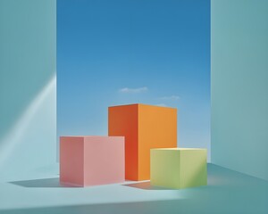 minimal geometric cubes in bright pastel space under blue sky colorful background