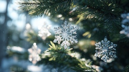 snowflake decorations hanging from Christmas tree branches