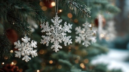 snowflake decorations hanging from Christmas tree branches