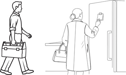 Monochromatic Line Art of Man with Toolbox and Woman by Fridge