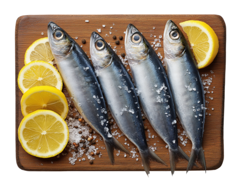 Raw sardines with sea salt and lemon slices image isolated transparent. Rustic fish recipe. Mediterranean seafood wooden board cut out photo png. Cutout element object photography