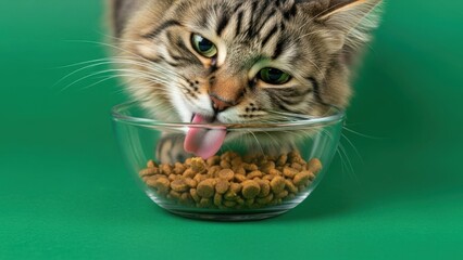 Tabby cat licking dry cat food from glass bowl on green background — ideal for pet care, nutrition and veterinary content.