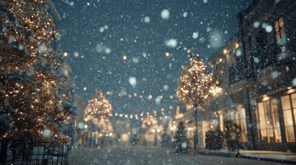snowflakes falling over festive town,