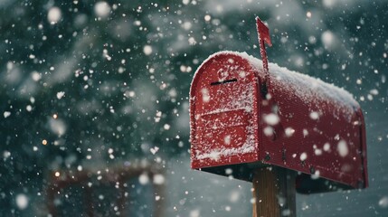 snowflakes falling softly over red mailbox,