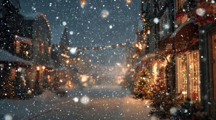 snowflakes falling over glowing Christmas street,