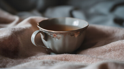 Cozy morning tea in a vintage cup, creating a moment of peaceful relaxation.
