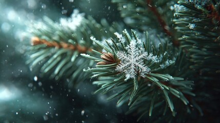 snowflakes on pine needles macro shot,